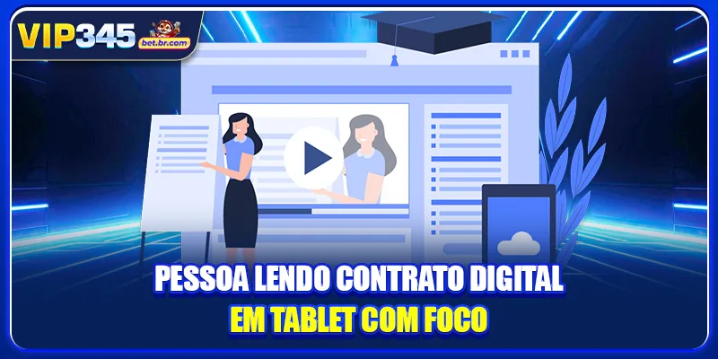 Pessoa lendo contrato digital em tablet com foco